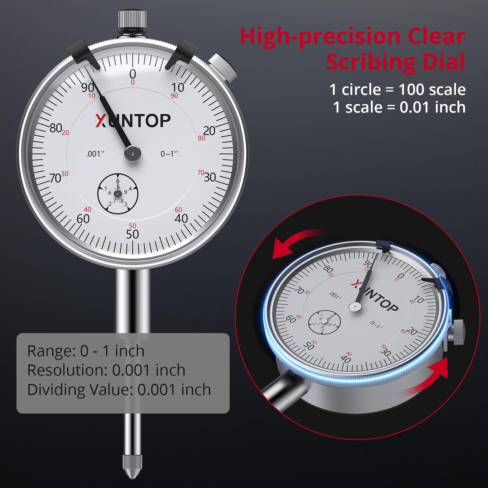 XUNTOP Reloj Comparador 0-20 mm Indicador de Cuadrante con 132lbs/60kg Base Magnetica Indicador de Dial de Alta Precisión de 0,01 mm para Torno Fresadora Ajuste de Herramienta Metrología