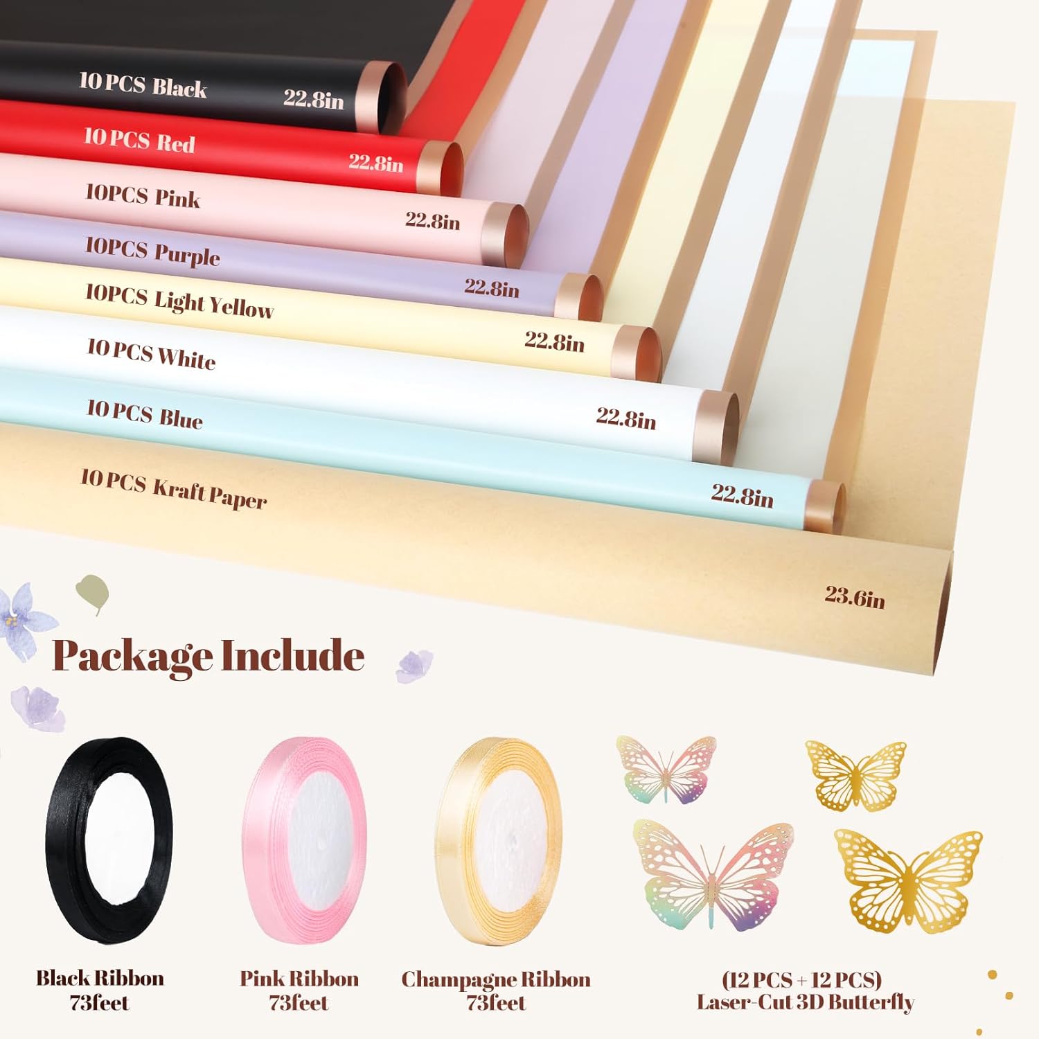 Ecoofor Flower Wrapping Paper Set, 80 Sheets Waterproof Translucent Gold Edge Floral Paper & Kraft Paper, 23 x 23 in & 23.6 x 23.6 in, with 3D Butterflies & 3 Colors Ribbons for Bouquets, Gifts & DIY Crafts
