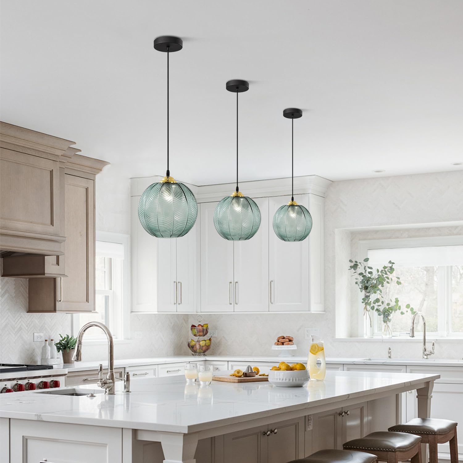 KCO Iluminación moderna de globo grande colgante lámpara colgante de cristal verde nórdico, lámpara colgante negra para cocina, casa de campo, isla de cocina, luz vintage individual verde para colgar