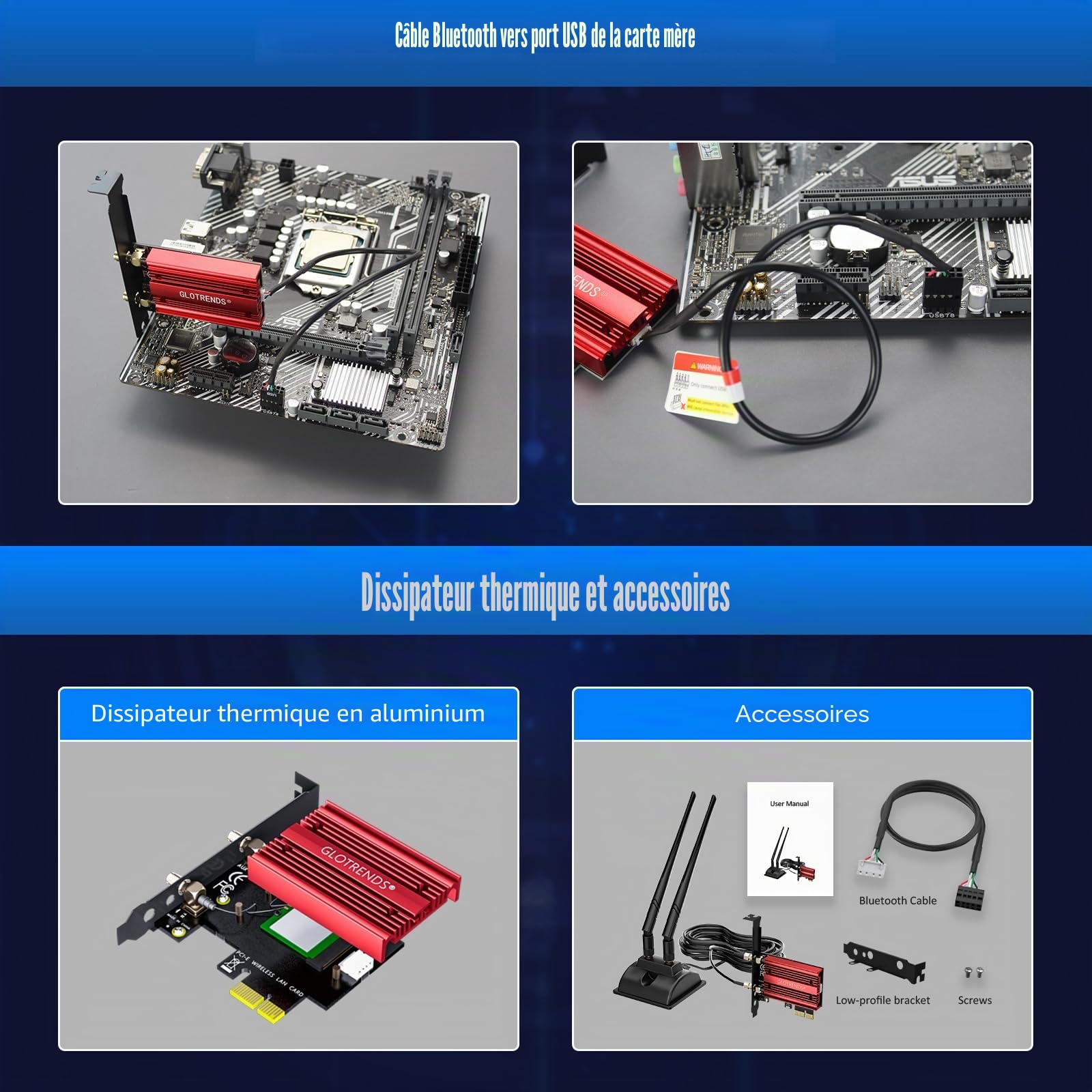 GLOTRENDS Carte WiFi 7 avec antenne d'extension de 2 mètres pour PC de Bureau, Intel BE200NGW, Compatible Uniquement avec Windows 11 24H2 ou Version supérieure (ne supporte Pas Les Cartes mères AMD)