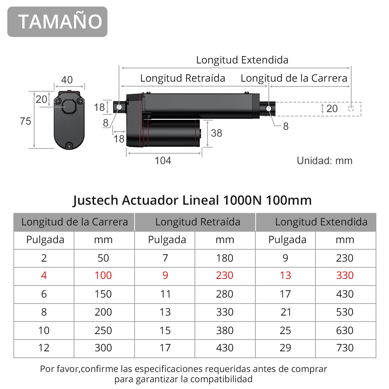 Justech Actuador Lineal 1000N 100mm 12V IP65 Aleación de Aluminio