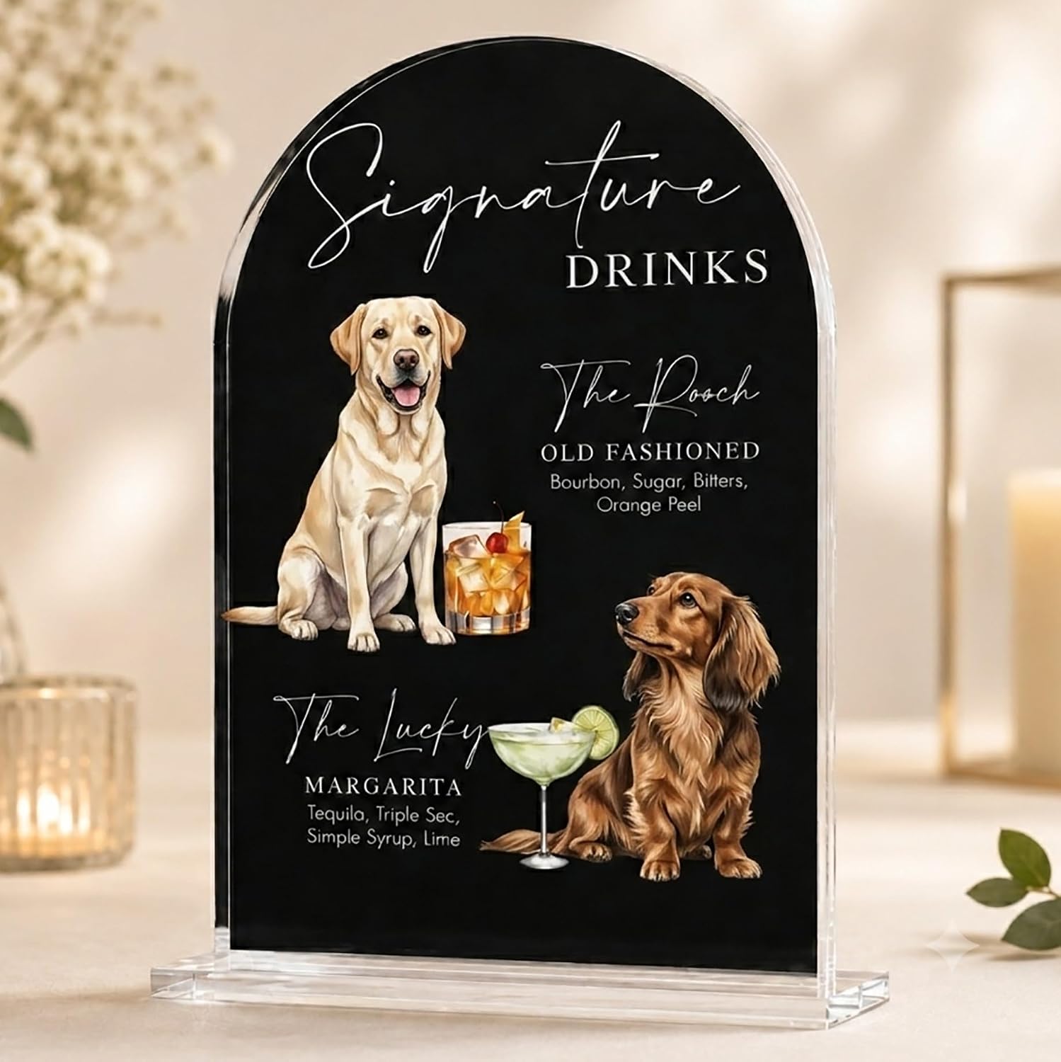 Custom Dog Signature Drinks Sign Wedding, Acrylic Cocktail Sign with Pet Portrait, Bar Accessories for Pet Lovers, Cocktail Recipe Dessert Table Decor for Wedding, Bridal Shower, Baby Shower Party