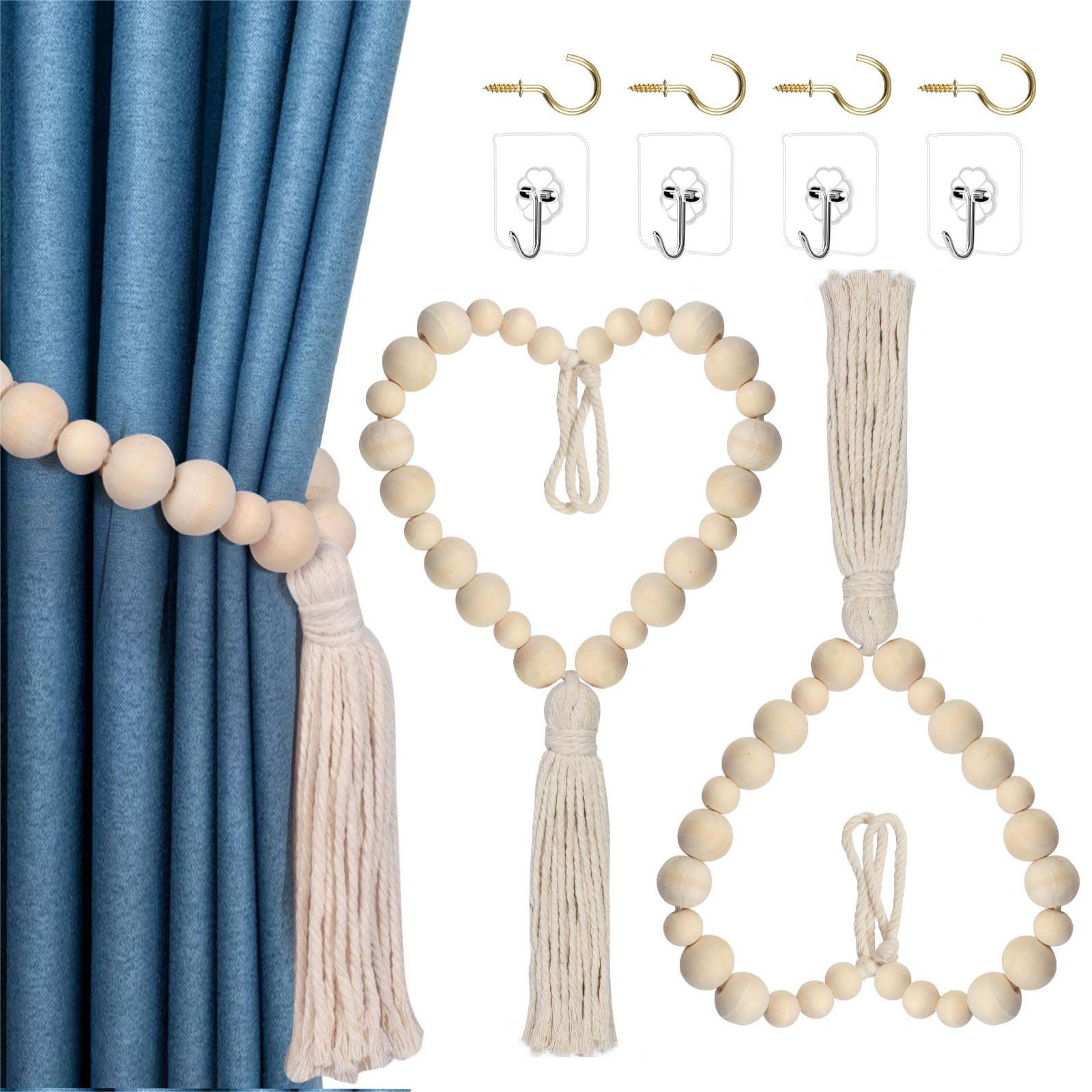 Hion 2 Pcs Boho Curtain Tiebacks,Wood Beads Curtain Holdbacks with Tassel,Outdoor Farmhouse Tie Backs for Curtains,Curtain Holders for Drapes Home Office Room Decor with Hooks No Drilling(Wood Color)