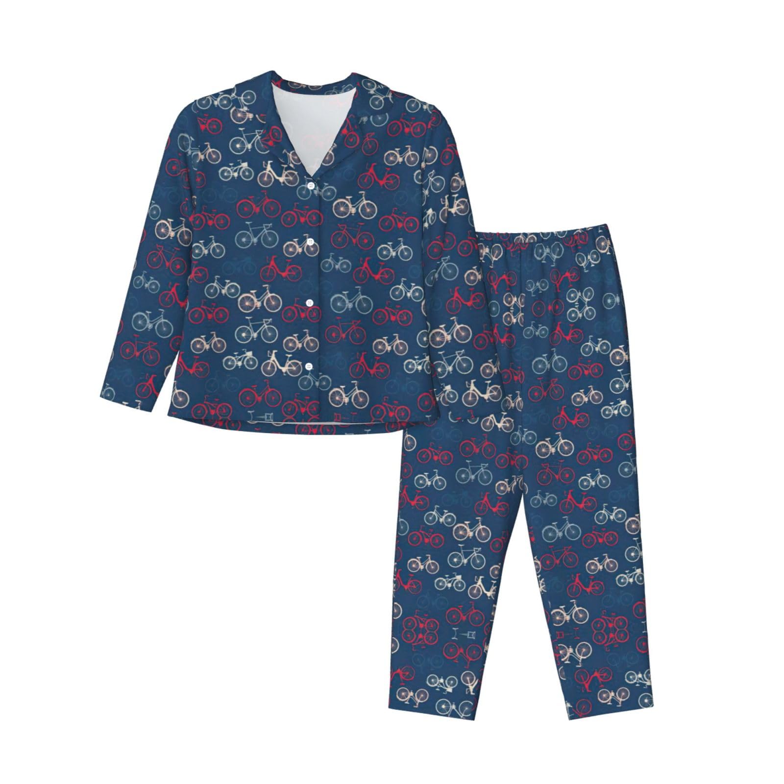 Erhoug Women's Black Bikes Bicycle Cycling Print Pajama Set Long Sleeve Down Button, Soft Pjs For Sleepwear And Lounge Wear