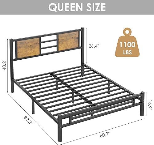 Miniatura 2 de HUEOFGP Base de cama Queen con cabecero, marco de cama de plataforma de metal con listones de metal resistentes, cama estable de soporte fuerte, no