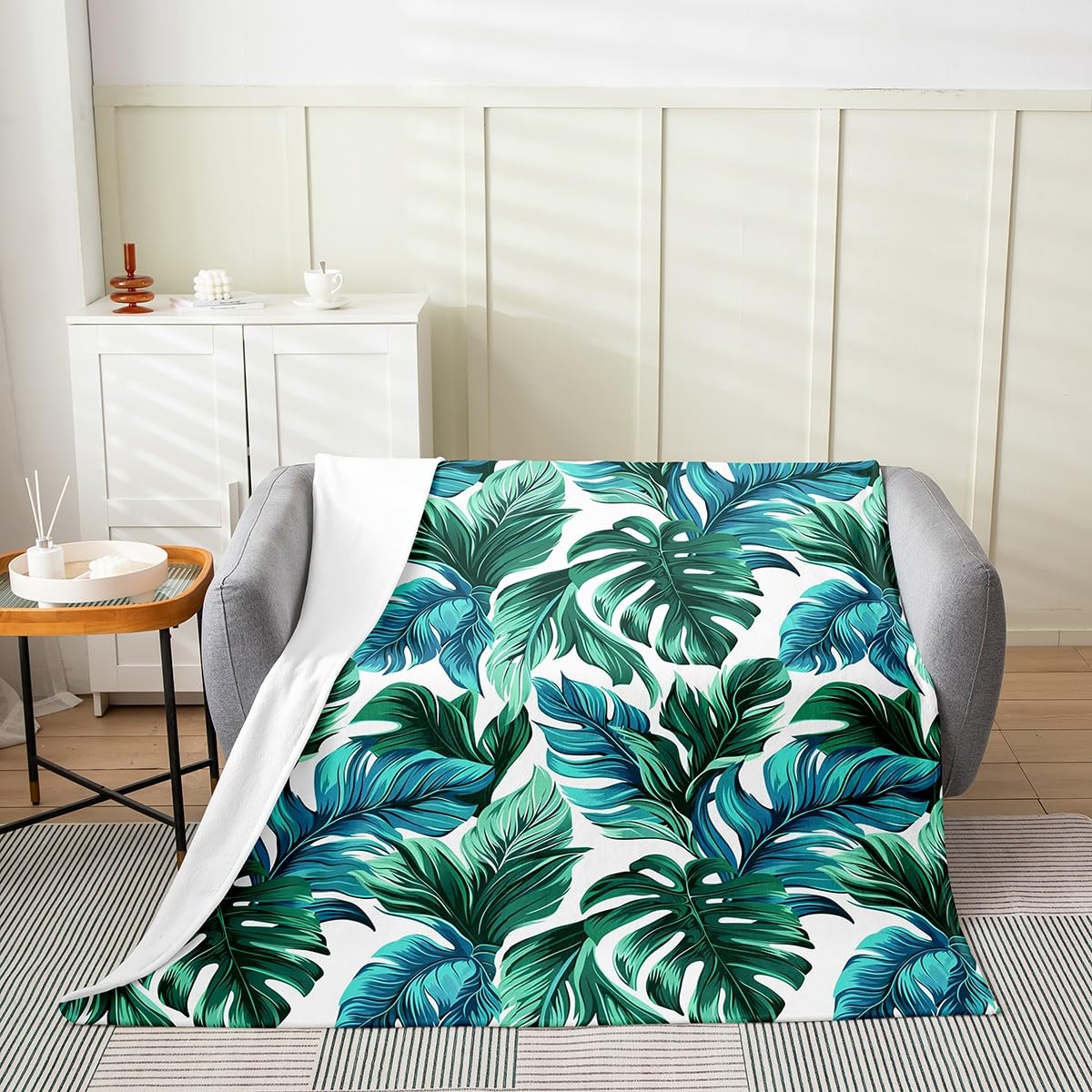 Homewish Blue Green Palm Leaves Throw Blanket Botanical Jungle Leaves Decor Flannel Blanket for Kids Teens Adults Natural Tropical Plants Leaf Bed