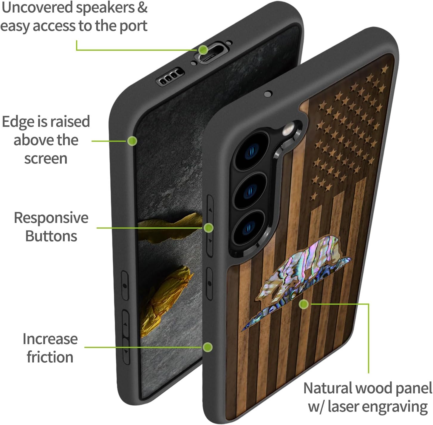 Carveit Designer Wooden Case for Samsung Galaxy S23 Plus Cover [Wood Engraving & Shell Inlay] Compatible with Wireless Chargers S23 Plus Case (American Flag, Bear-Walnut)