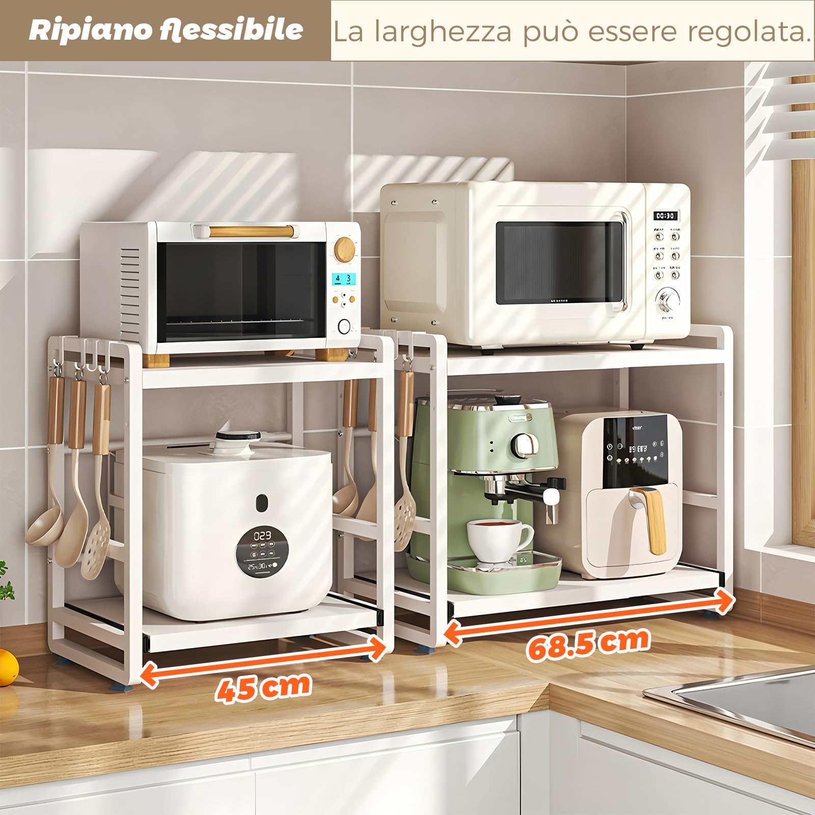 BeSokar Scaffale per microonde a 2 ripiani, regolabile in altezza ed estraibile, con cassetto, in acciaio al carbonio, con ganci e ventose di rinforzo, facile da montare (bianco)