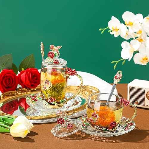 Miniatura 4 de Lantree. Taza de Navidad, para café, de vidrio, con tapa, cuchara, plato, para boda, aniversario, cumpleaños, para mujeres, mamá, hermana, amiga.