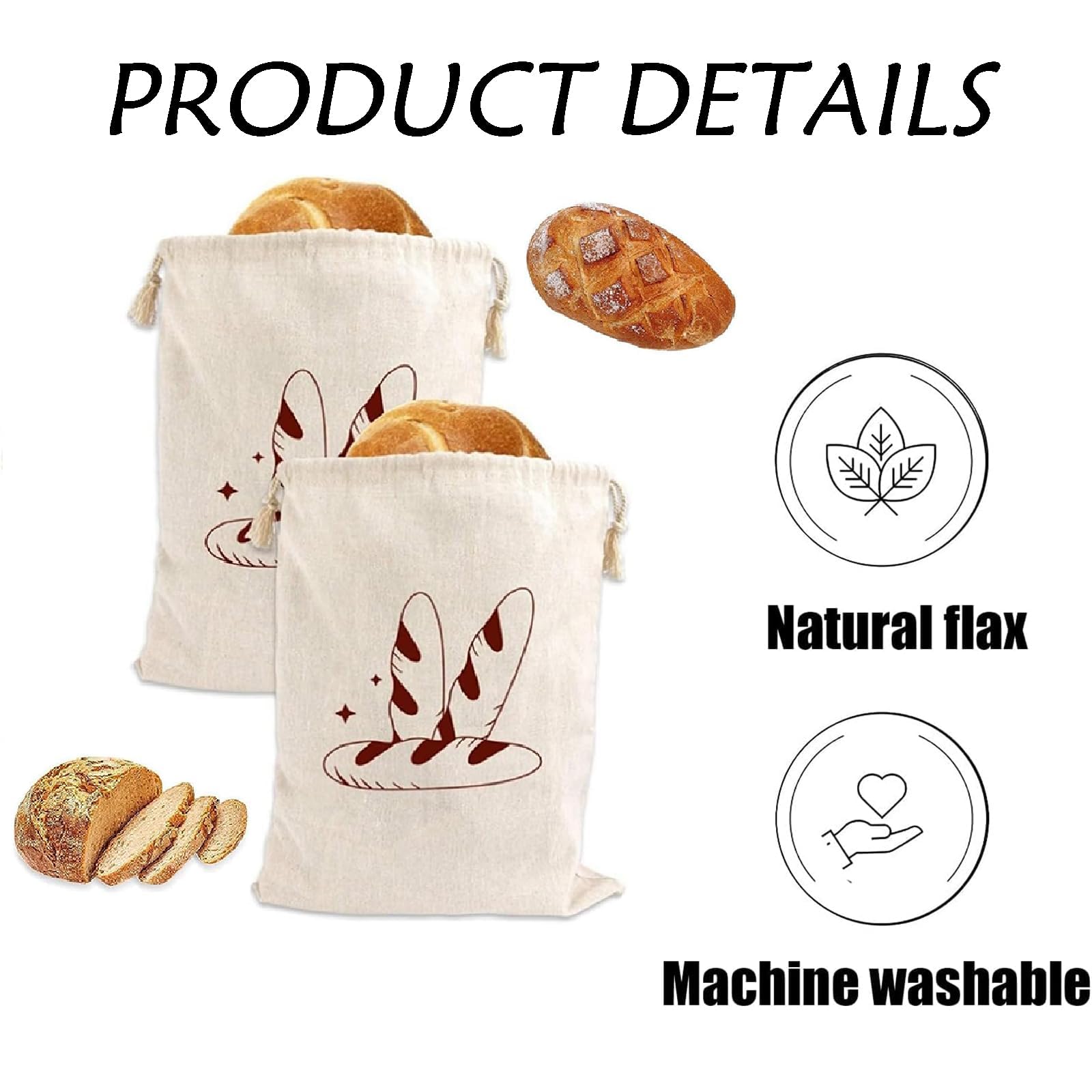 2PCS Linen Bread Bags - Large Reusable Muslin Homemade Eco Bread Storage Bags with Drawstring, Khaki, 30cm x 40cm - Image 4