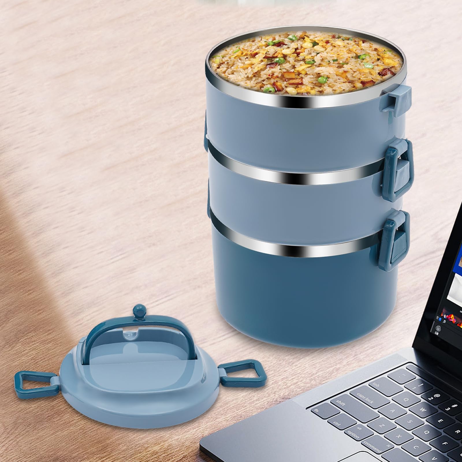 Boîte à déjeuner à 3 étages empilable Bento - 2400 ml - En acier inoxydable - Grande boîte à bento pour la maison, le travail, le bureau et l'école - Bleu