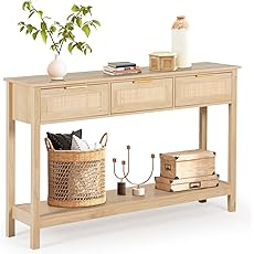 GarveeHome Rattan Entryway Table Console Table with Drawers, Accent Sofa Table Entryway Table with Cabinet Storage for Living Room, Hallway, Foyer, Kitchen, Green, 46.06" x 15.35" x 33.86"