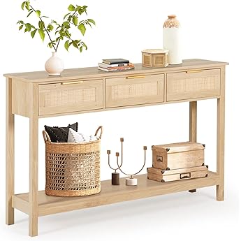 GarveeHome Rattan Entryway Table Console Table with Drawers, Accent Sofa Table Entryway Table with Cabinet Storage for Living Room, Hallway, Foyer, Kitchen, Green, 46.06" x 15.35" x 33.86"