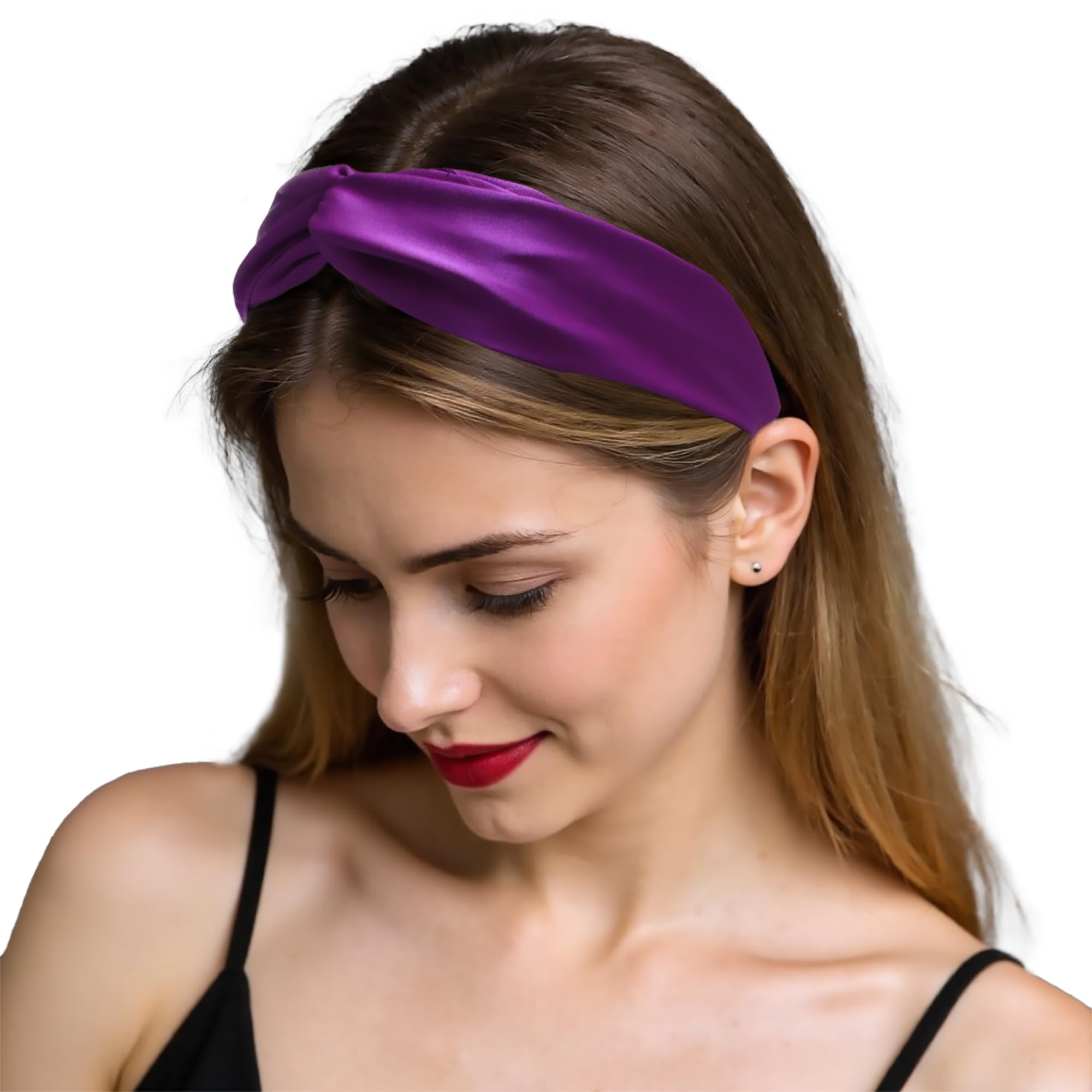 ZLYC Mulberry Silk Headband Elastic Twist Knotted Head Bands for Women's Hair(Solid Light Red Purple),One Size