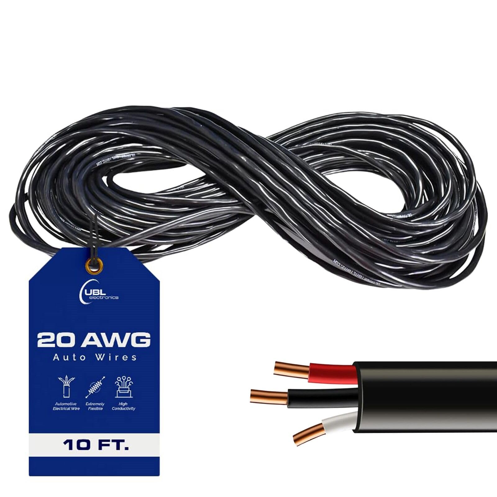 UBL 20/3 Automotive Electrical Wire - 20 AWG Stranded Cable - Flexible Low Voltage LED Cable - Best Choice for Powering High Amperage Sirens or Light Bar (10 Feet)