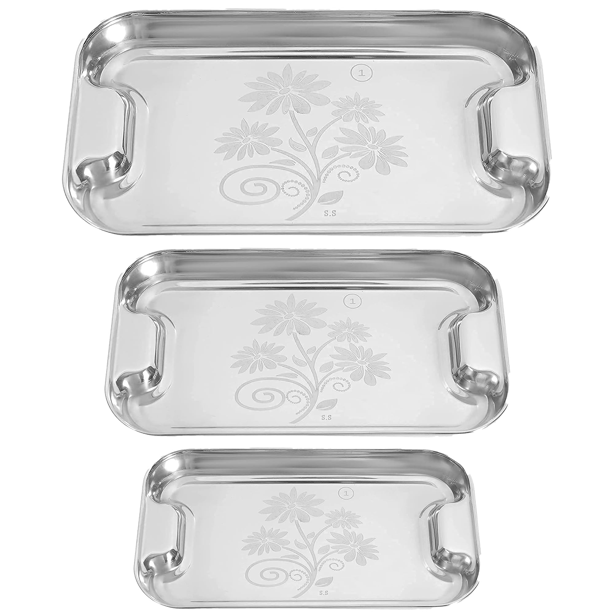 IDEAL PRIME Durable Stainless Steel Tray Set (3 Pices) with Designer Laser Print Design | Steel Serving Tray Set Lemon Platter (Small Medium Large) Pack of 3 4