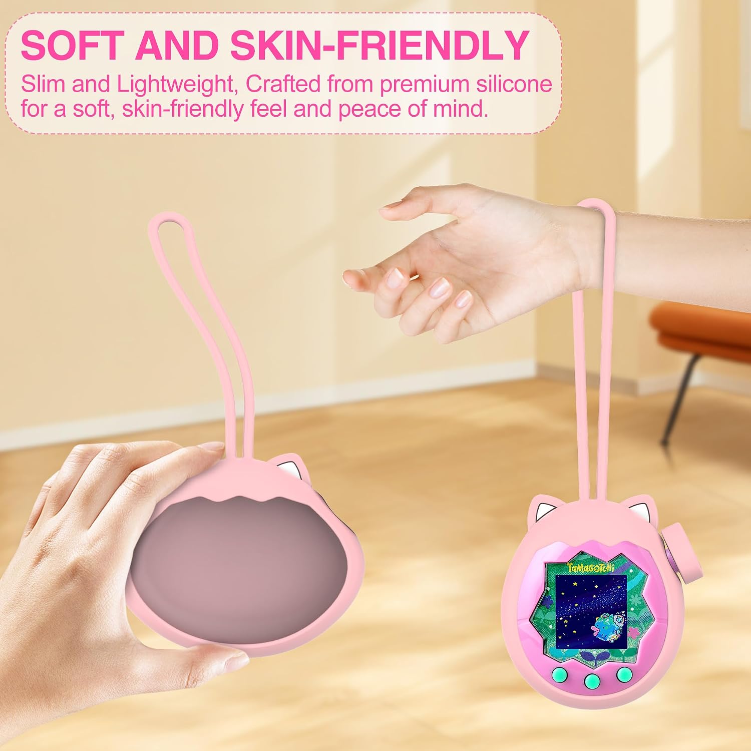 for Tamagotchi Paradise Silicone Case and Knob Cap, Soft Drop-Proof Portable Carrying Protective Case for Tamagotchi Paradise Accessories with Integrated Lanyard (Case Only), Pink image 3