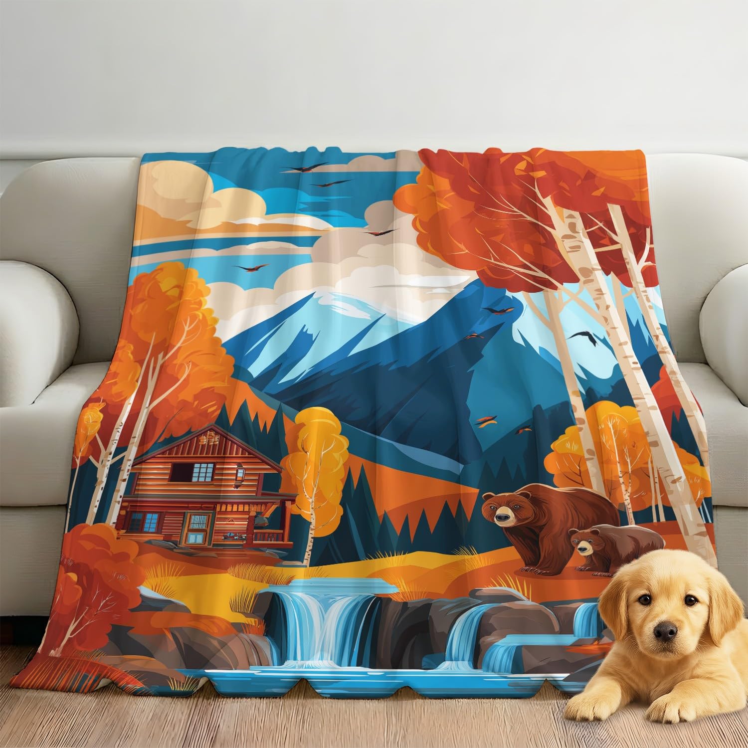 Générique Naturel Forêt Couverture Plaid Polaire 220 x 240 cm, Lumineuse en Molleton de Flanelle Microfibre Doux Maison de Campagne Ours Montagne, Marron, Cadeau Parents Enfants