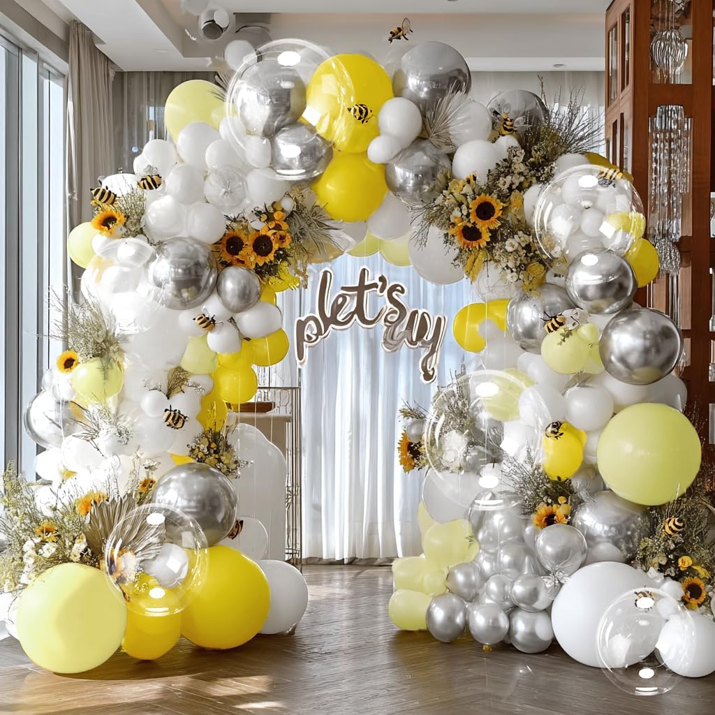 Yellow White Silver Balloon Arch DOUBLE STUFFED White Yellow Balloons for Birthday Baby Shower Bridal Honey Bee Party Decorations