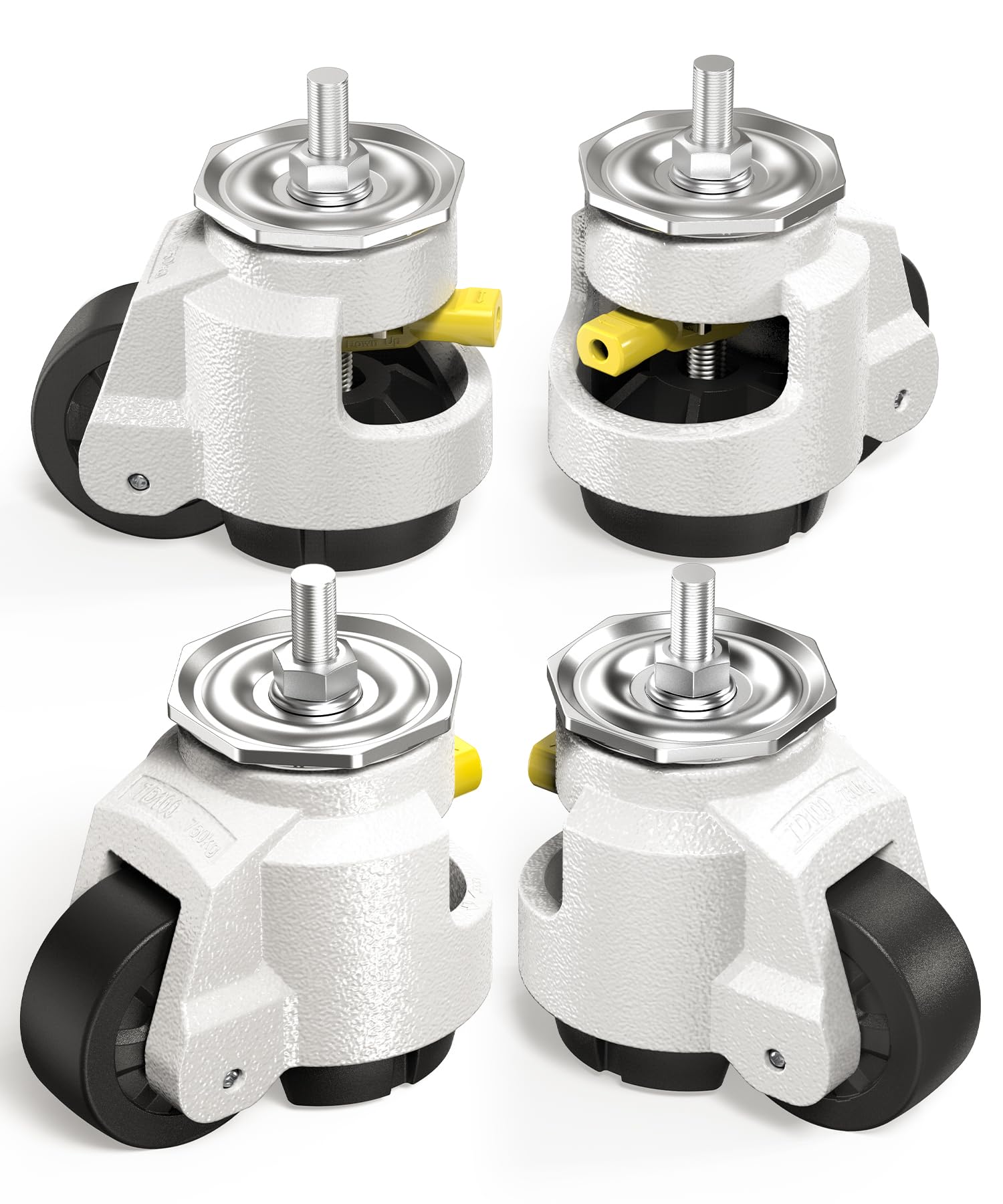 HOLKIE Juego de 4 ruedas giratorias niveladoras de alta pesados con mango de trinquete, ruedas retráctiles de tamaño de tornillo M12 y 1/2", ruedas ajustables para muebles, capacidad total de 2250 kg