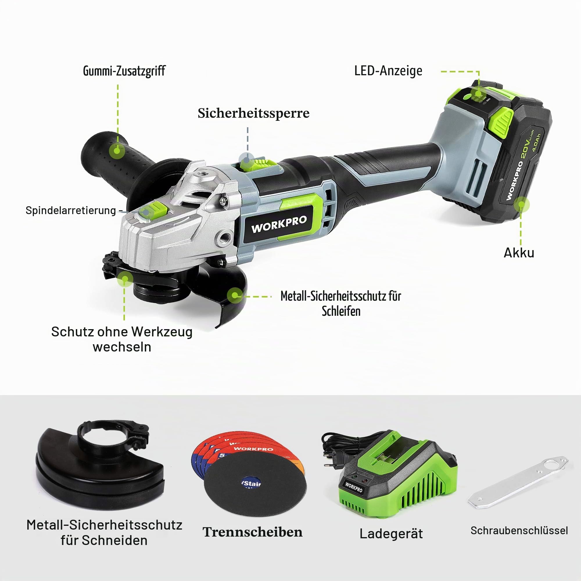 WORKPRO Winkelschleifer, kabellos, 20 V, mit Akku 4,0 Ah, Ø125 mm, elektrischer Schleifer, kabellos, leicht, mit 5 Trennscheiben, 2 Schutzkappen, Schnellladegerät und Hilfsgriff | elektrischer Schleifer, kabellos, leicht, mit 5 Trennscheiben, 2 Schutzkapp