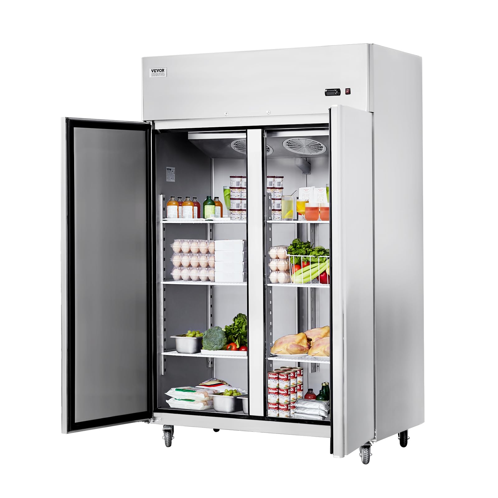 VEVOR Refrigerador Comercial de 1100 L, Vertical con 2 Puertas, Acero Inoxidable, Descongelación Automática, 6 Estantes, -2~+8°C, 1314 x 850 x 2110 mm
