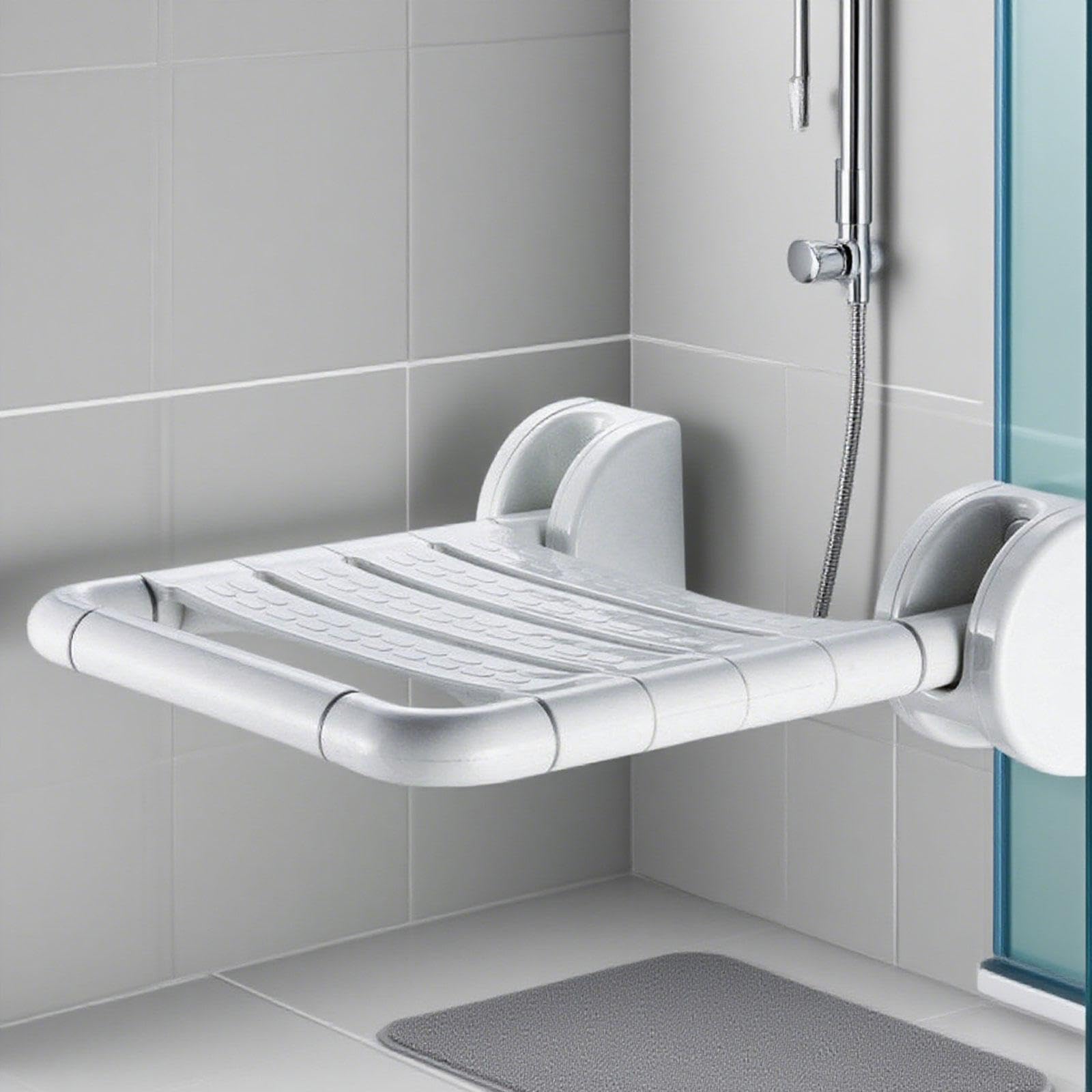 Asiento Ducha Plegable Silla Baño Montaje en Pared Taburete Abatible Superficie Antideslizante Material Resistente al Agua Adecuado para Apoyo en Ducha 12.6 x 15.9 Pulgadas
