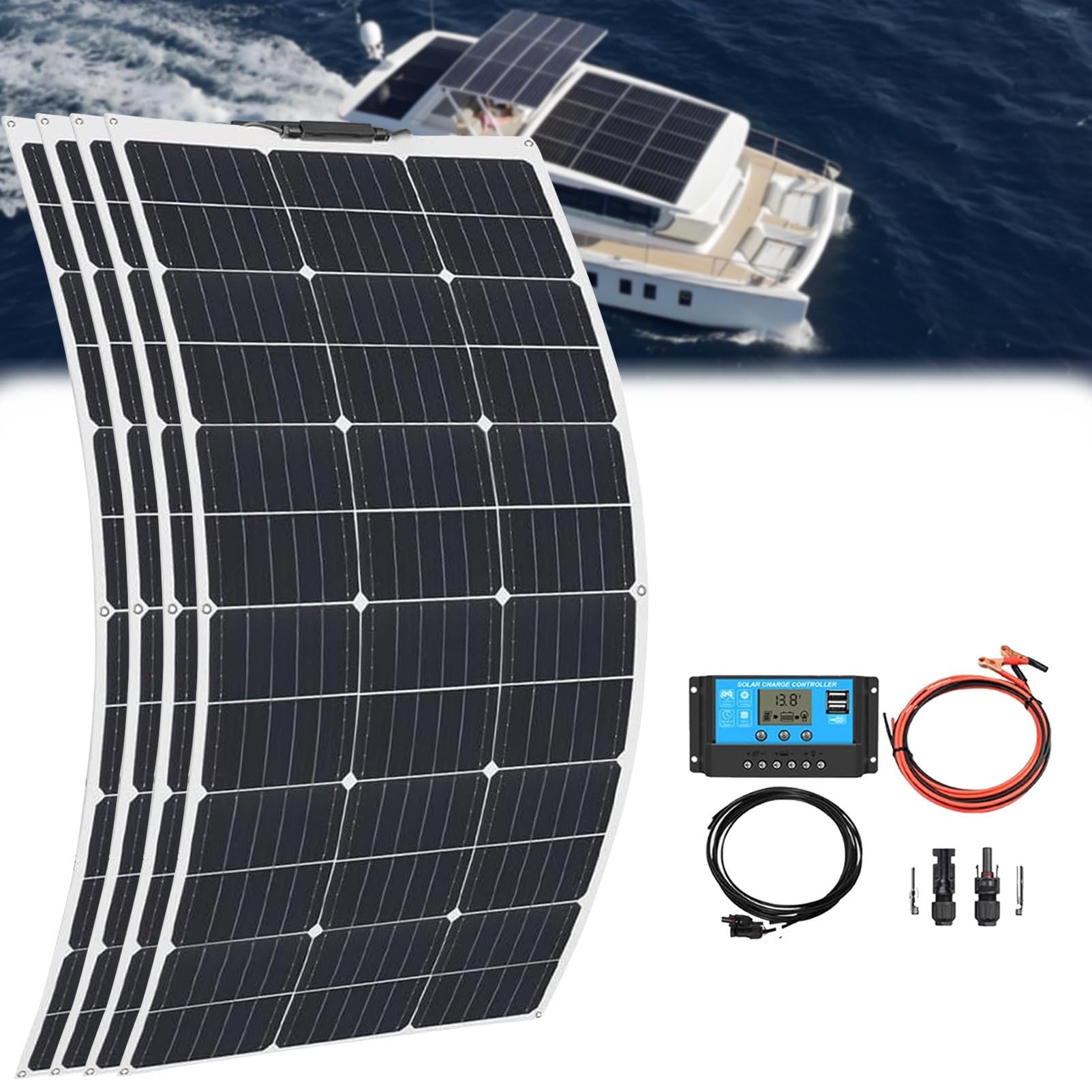 Panneaux PhotovoltaïQues, Panneaux Solaires Monocristallin, Kit De Panneaux Solaires 400w, avec Clips De Batterie Adaptateur De CâBle Kit, pour Camping-Car, Caravane, Maison. 5×200w