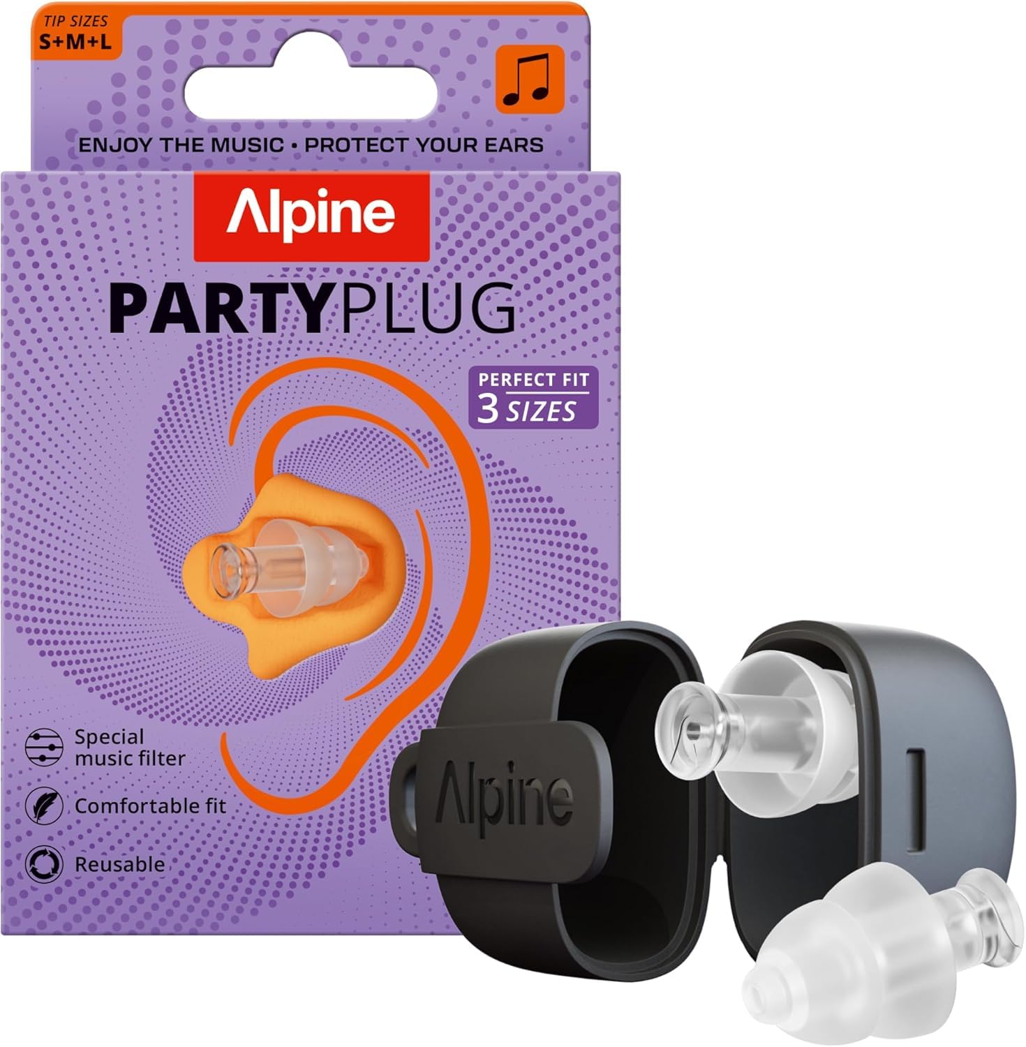 Alpine PartyPlug Tappi Orecchie Concerti 19dB - Protezione Uditiva Essenziale per Festival, Tappi Riutilizzabili per Musica & Discoteca, Audio Alta Qualità, 3 Misure (S/M/L), Trasparente