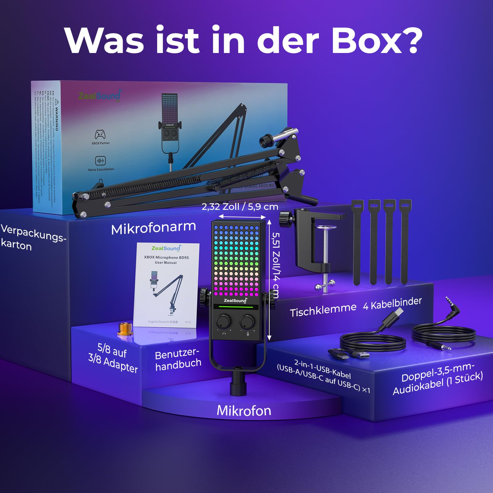 zealsound Xbox Gaming Mikrofon mit Arm, USB Mikrofon für PC, Handy, & PS5 | Rauschunterdrückendes, Mute, Gain-Control, Echtzeit-Monitoring und RGB-Beleuchtung, Plug & Play für Streaming, Podcast, Zoom