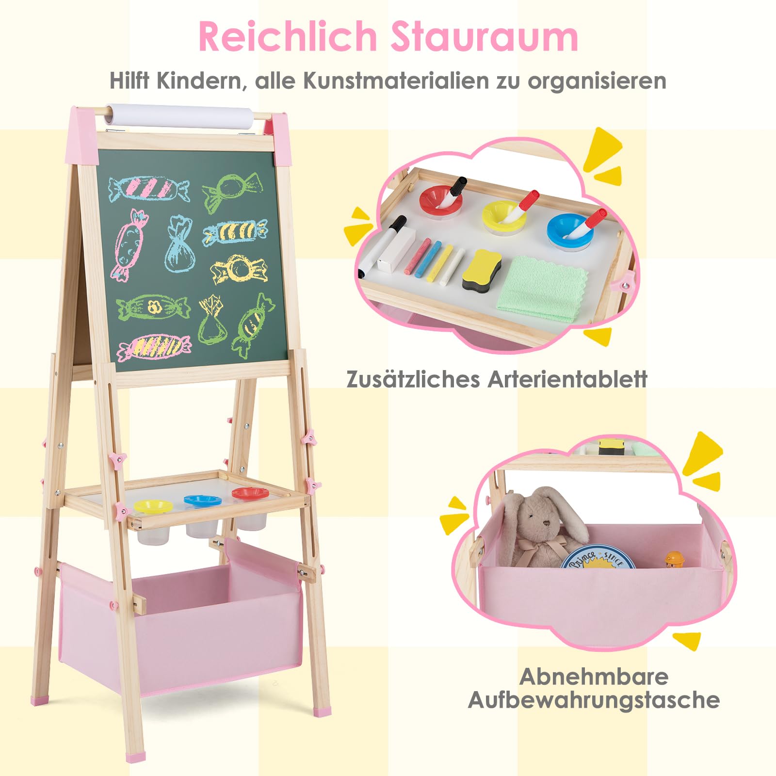COSTWAY 3 in 1 Staffelei Kinder, doppelseitige Kindertafel höhenverstellbar mit Whiteboard & Kreidetafel, Standtafel inkl. Papierrolle, Zahlen, Kreiden & Farbstift, für Kinder ab 3 Jahren (Rosa)