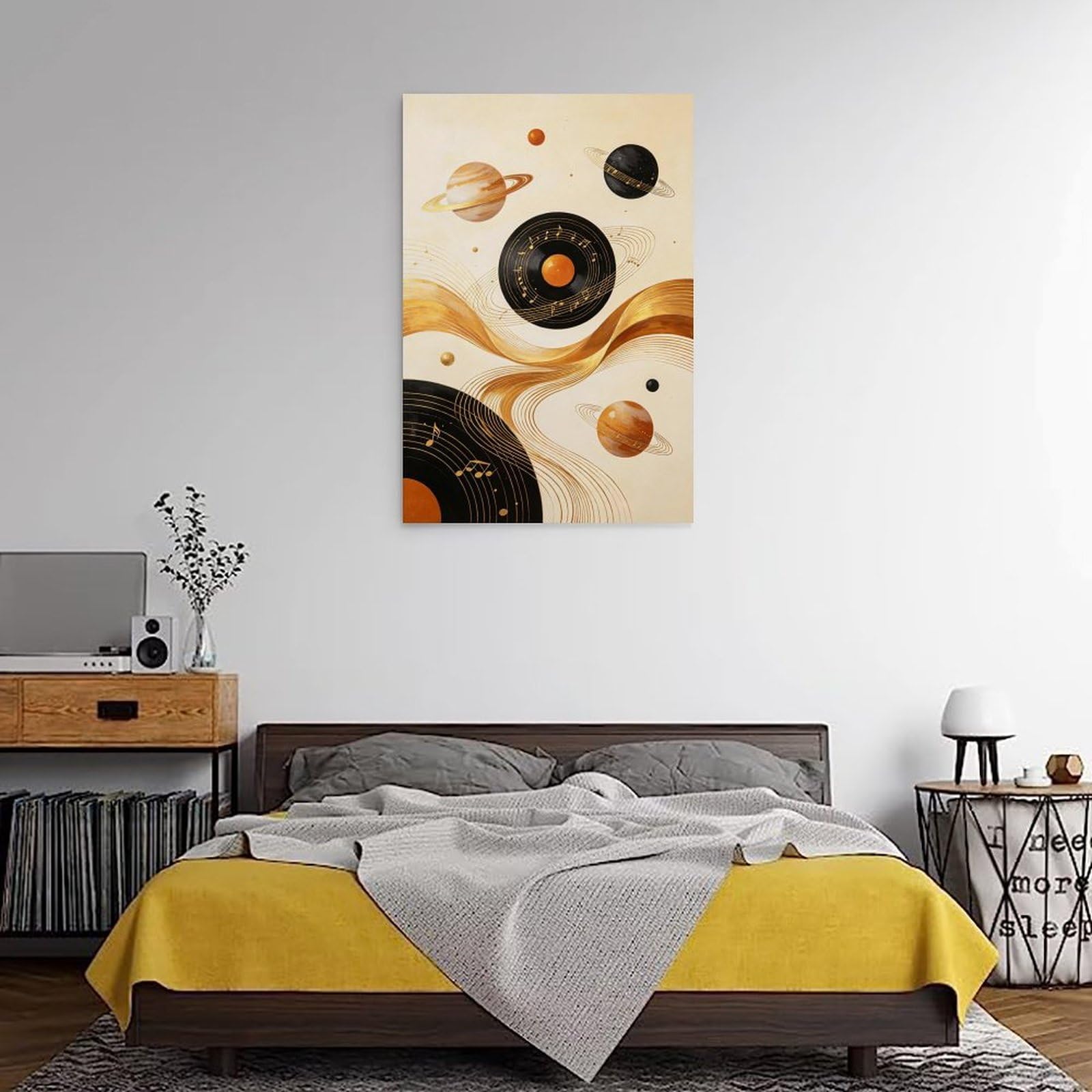 Stampa artistica da parete su tela, motivo: pianeta con musica astratta, disco in vinile, arte moderna con musica cosmica, stampa su tela per camera da letto, soggiorno, studio, decorazione per camera