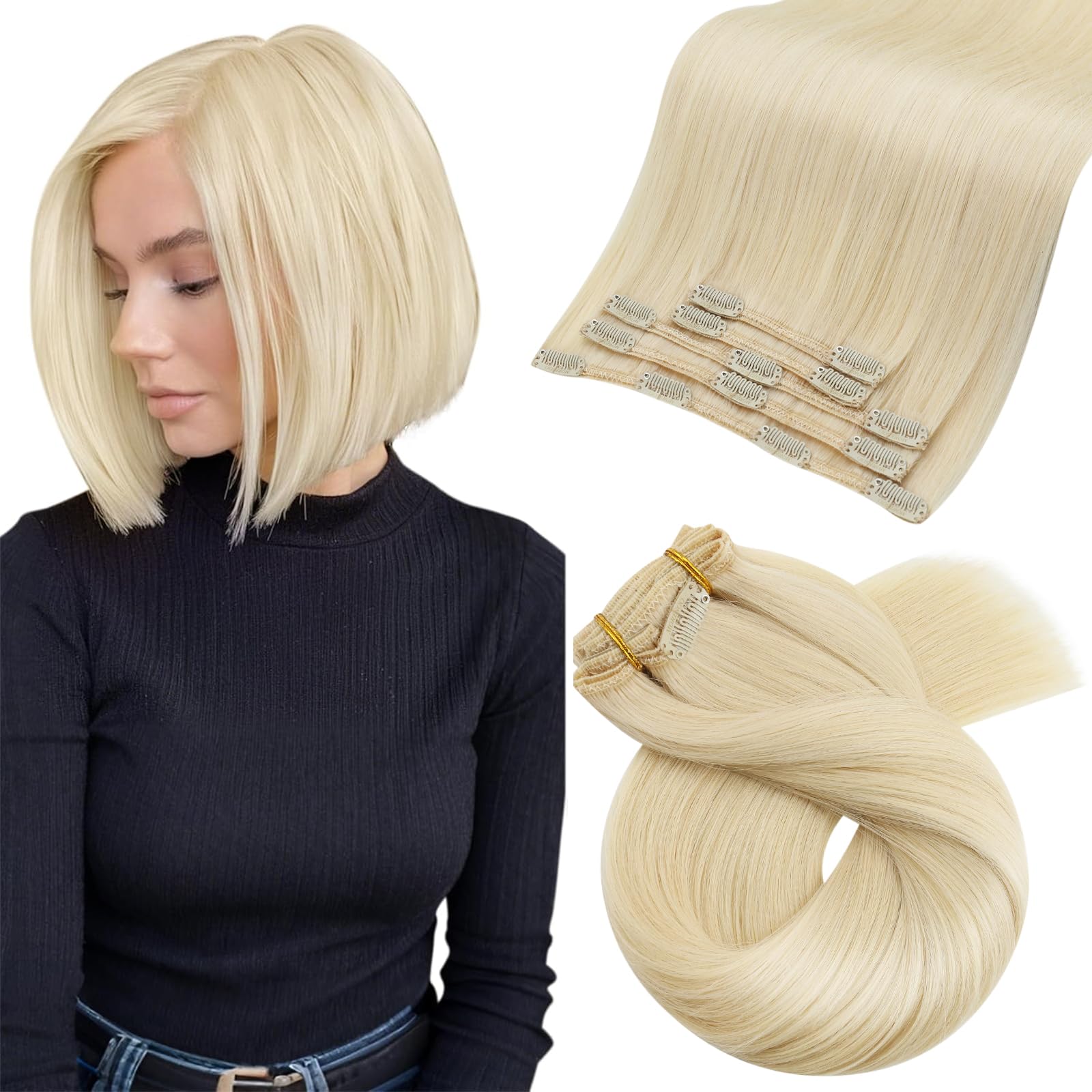 Moresoo Human Hair Extensions Clip in Real Hair Ash Blonde with Bleached Blonde Clip in Hair Extensions Remy Human Mid-length Hair Layered Add Volume 14 Inch 5pcs/80g #P18/613 — view 59