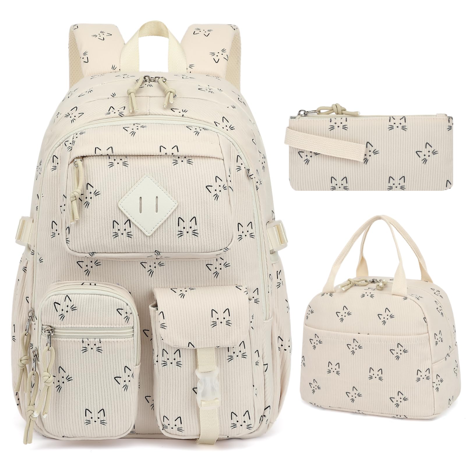 3-teiliges Schulrucksack-Set aus Cord für Mädchen und Jungen, Kinder-Büchertasche mit Lunchbox und Federmäppchen (Alter 8-18), Cord-Katze, 3-piece set