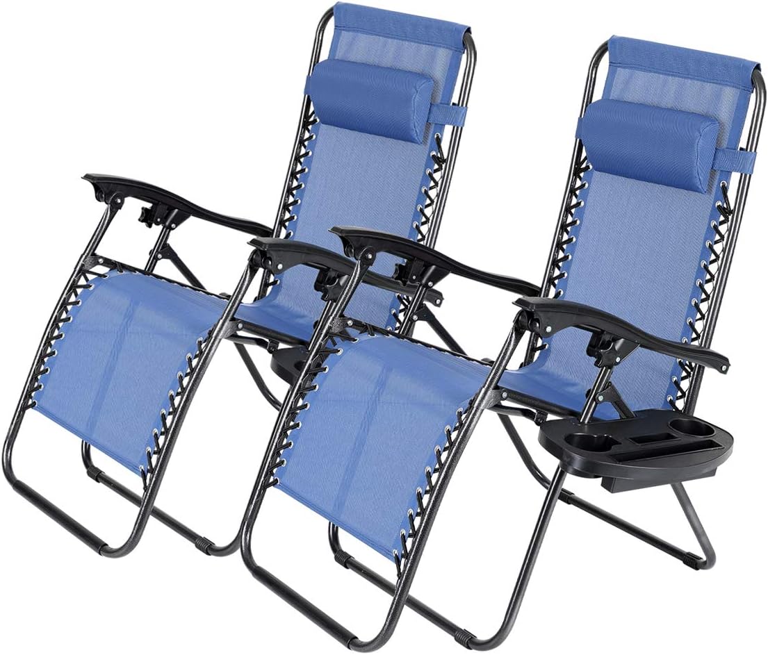 Set of 2 Zero Gravity Lounge Chair Recliners Steel Mesh Fabric Outdoor Folding Chair w/Footrest, Adjustable, Pillow and Tray, Black