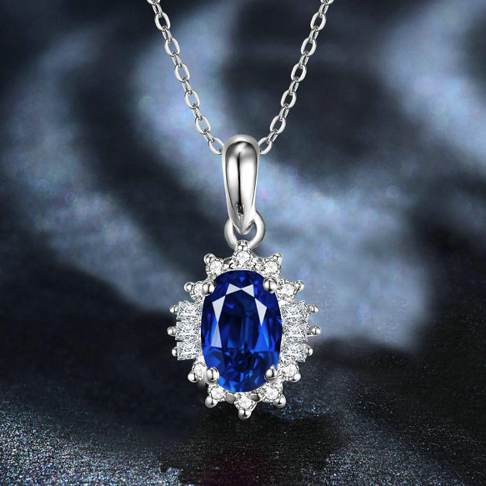 Platyna 950 naszyjnik damski, łańcuszek z wisiorkiem w kształcie kwiatu z owalnym szafirem 0,6 ct i diamentem 0,12 ct, naszyjnik ślubny 45 cm, dla kobiet Charms