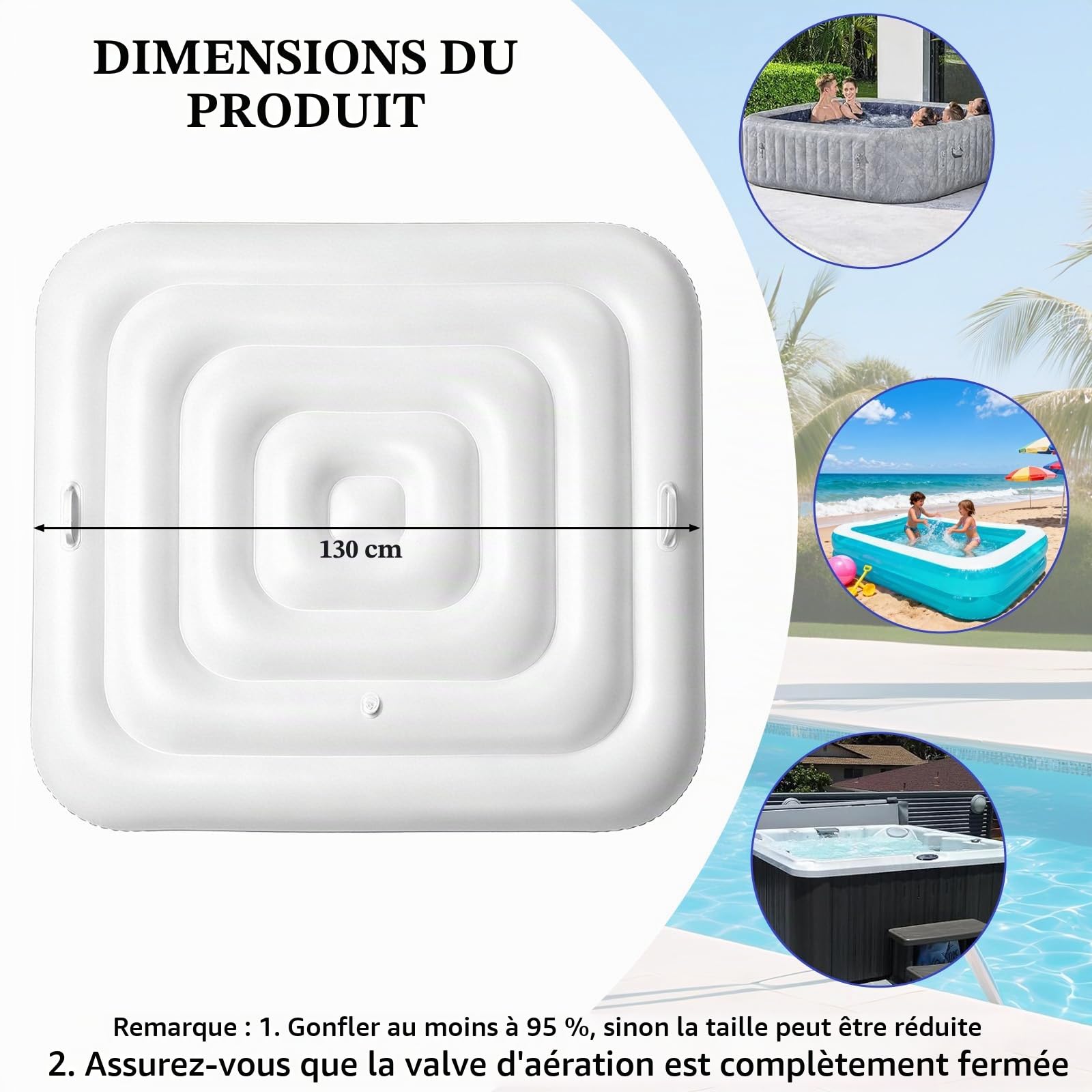 Couverture Gonflable Spa avec Poignées (Blanc, 130CM, Carrée)