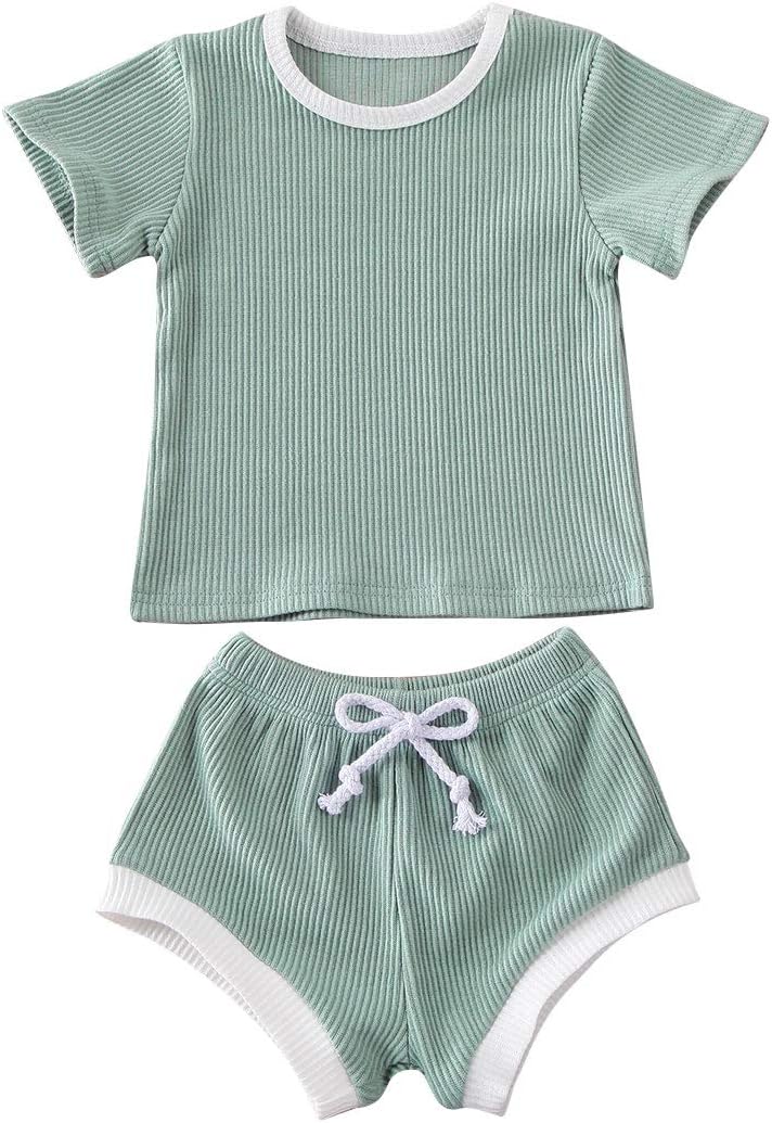 Newborn Baby Boy Girl Summer Clothes Ribbed Short Sleeve T-Shirt + Shorts Set Two Piece Outfits