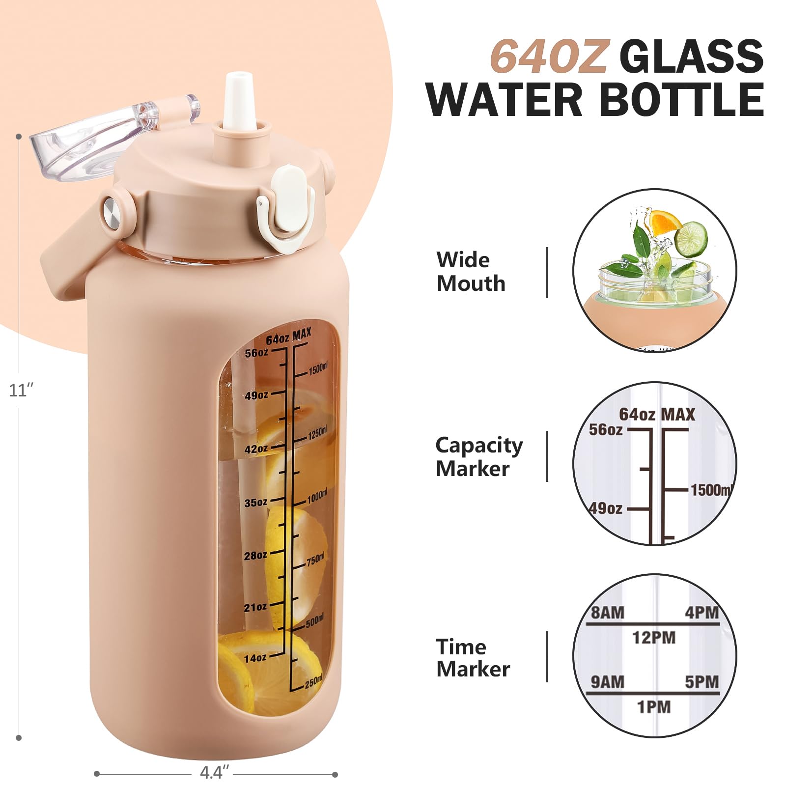 HYDRAGLAZIC 2L Glass Water Bottle with 2 Lids Flip and Chug Lids 2 Liter Large Water Jug with Time Marker and Silicone Sleeve BPA Free Leak-proof for Sports Gym Amber - Image 4