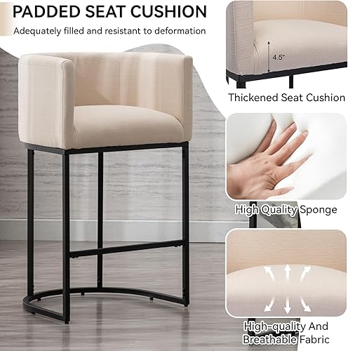 Miniatura 4 de Taburete de bar contemporáneo de lino crema, taburete de bar de tela tapizada de 29 pulgadas, taburete de bar de cocina, taburete de isla con base