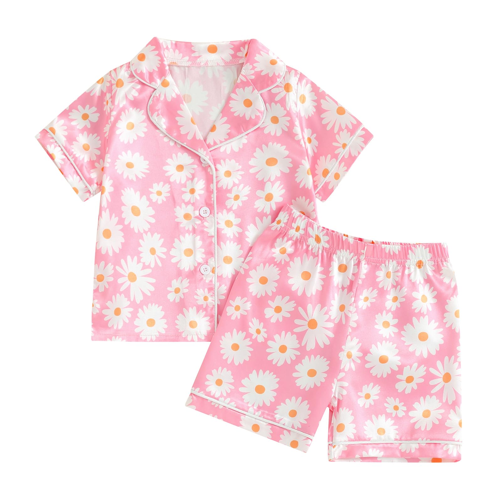 Multitrust Baby Girls Silk Pajamas Set Daisy Floral Short Sleeve Button Down Shirts and Shorts Girl Matching Pj Lounge Set
