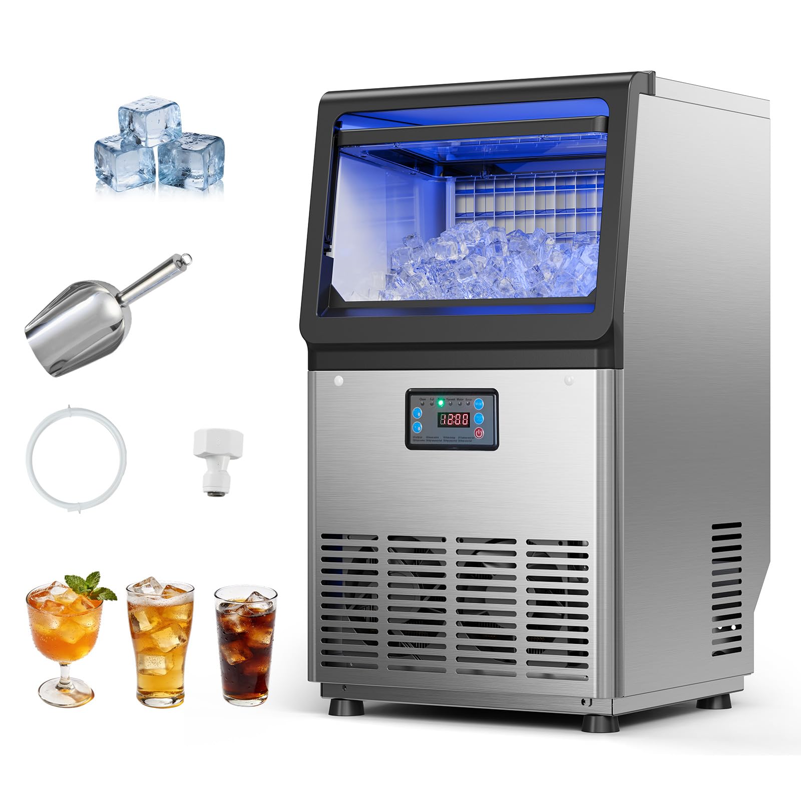 VEVOR Macchina per Ghiaccio in Acciaio Inox 36kg/24h Stoccaggio 3-6kg Bar | Autoportante, Funzione Autopulente, Display LED, per Preparazione Bevande Fredde, Casa, Bar, Caffetterie, Ristorante, Feste
