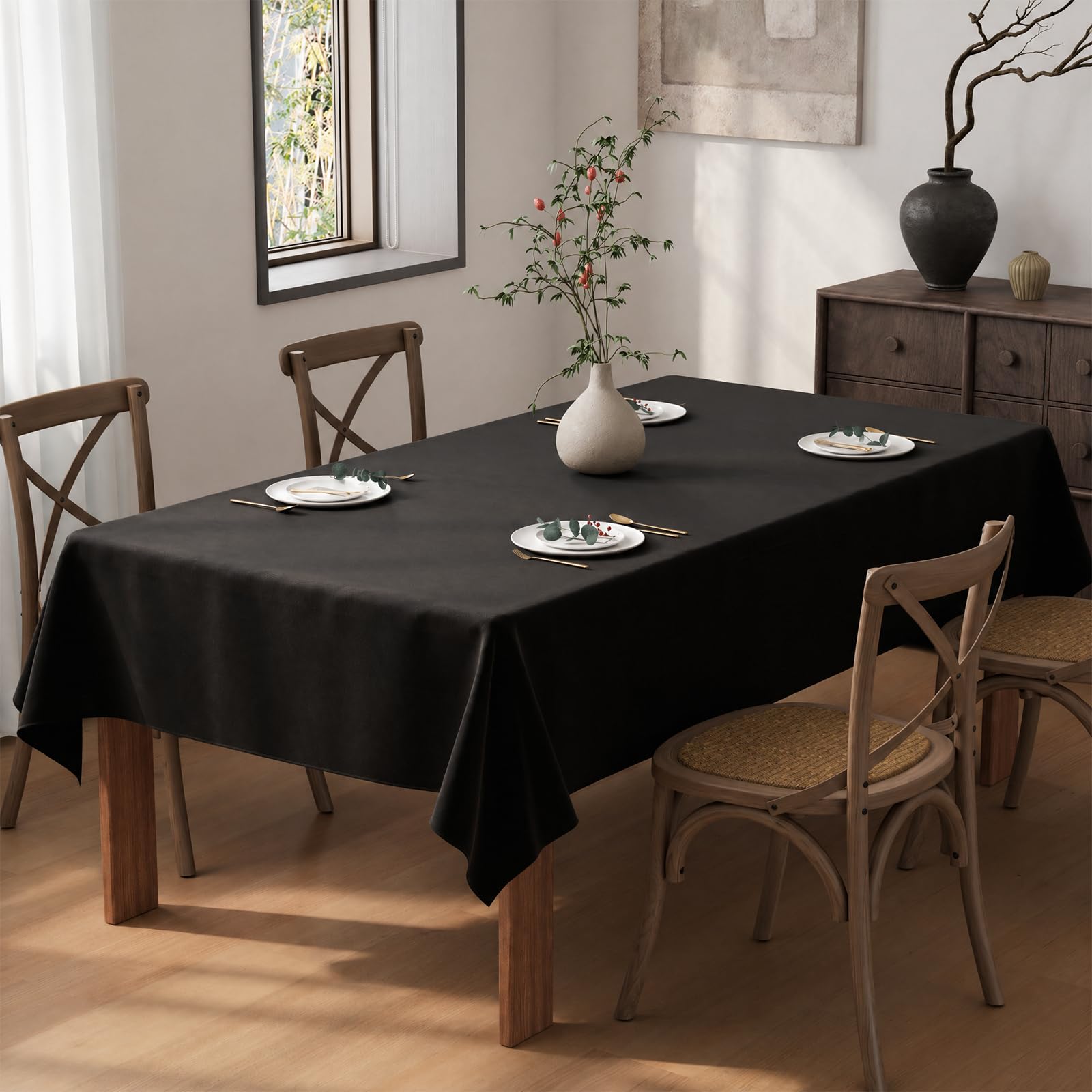Flgef Black Table Cloth 200x140cm, Wipe Clean Rectangular Table Cloths, Water Resistant Washable Fabric Tablecloths Dining Table Cover for Outdoor, Garden, Wedding, Parties