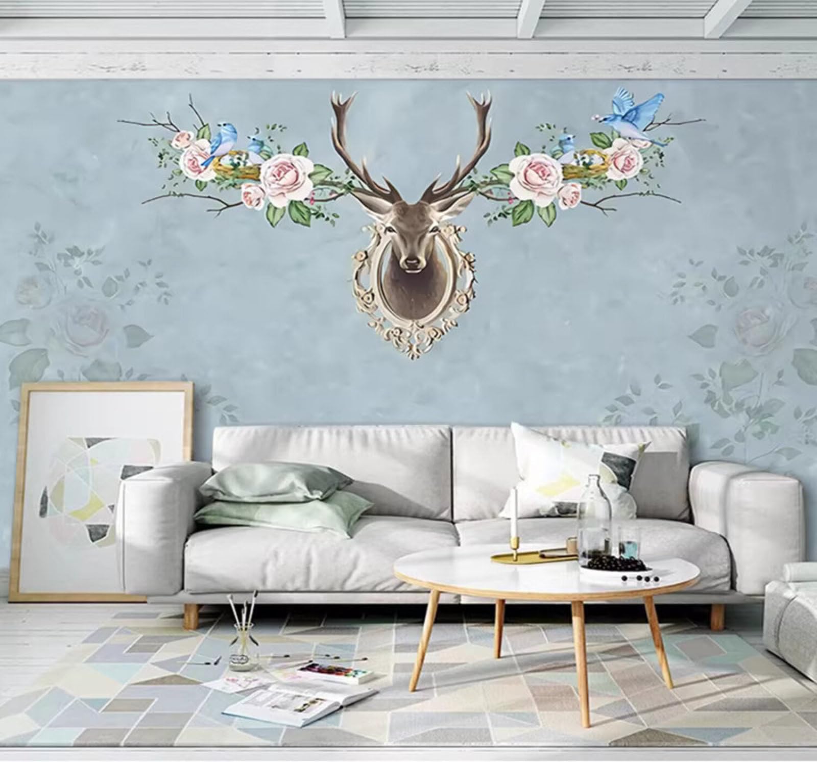 Minimalist Three Dimensional Hand Drawn Reindeer Flowers 3D Wallpaper Easy Install Feature Office Living Room Sofa Bedroom TV Background Wall Decoration-250cm×170cm