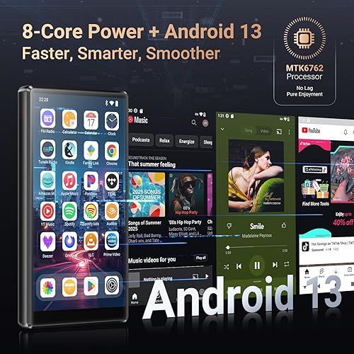 Miniatura 3 de Reproductor de MP3 de 5 pulgadas y 128 GB con Bluetooth WiFi, Android 13 OS MP3 y reproductor MP4 con altavoz, 4 GB de RAM y 128 GB de ROM,