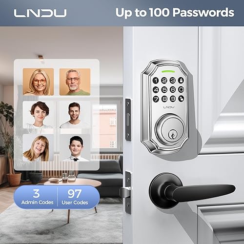 Miniatura 3 de Cerradura de puerta de entrada sin llave con asa, control de aplicación Bluetooth teclado electrónico, cerrojo de seguridad de 100 códigos, juego de