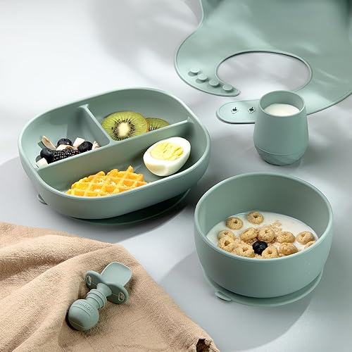 Miniatura 7 de SAMiGO Juego de tazón y cuchara de silicona para bebé con succión y tapa, esenciales de autoalimentación de primera etapa, cuenco de comida para más