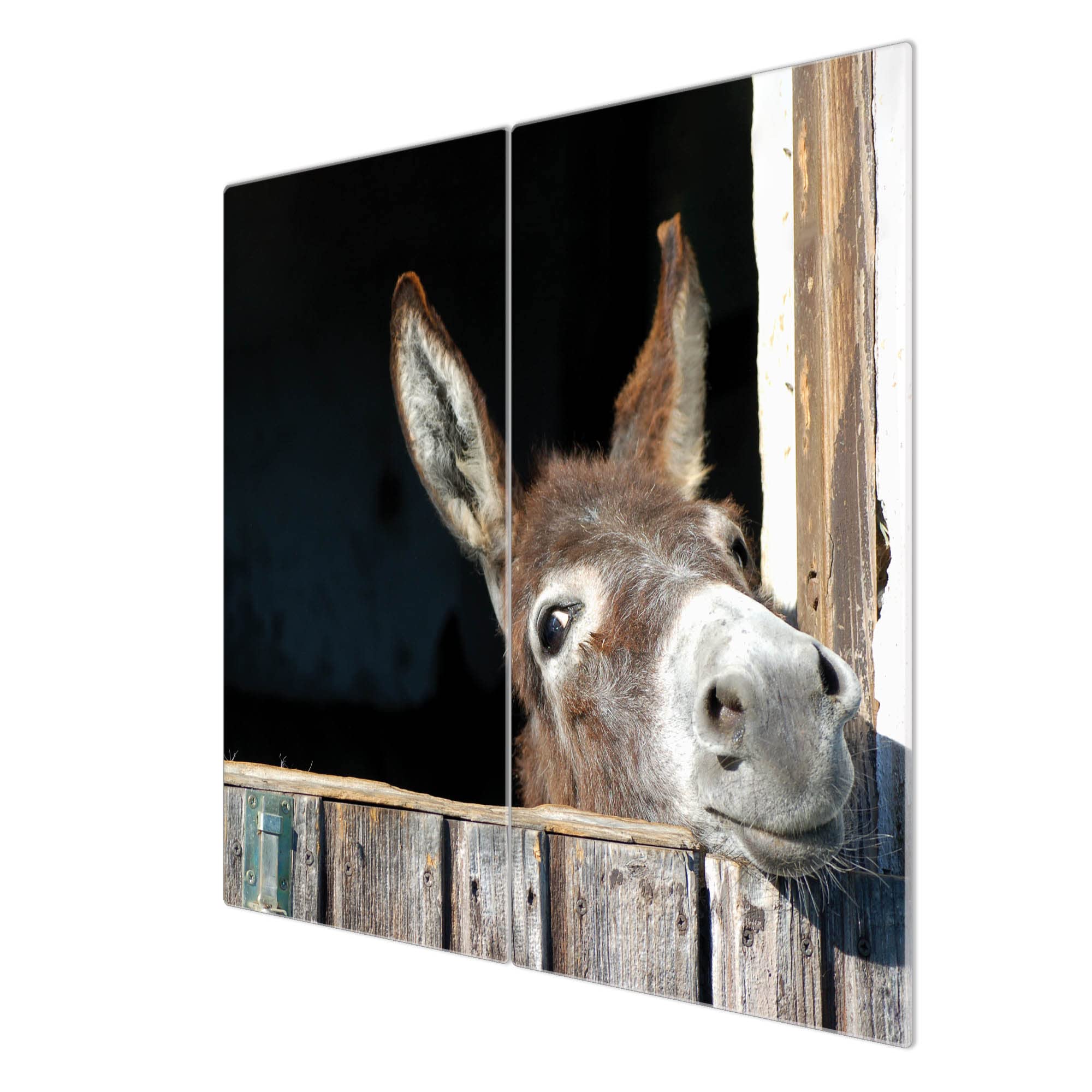 banjado Herdabdeckplatte Glas 2-teilig 60x52 cm, Kochfeld Abdeckung und Schneidebrett Ceranfeld aus gehärtetem Glas, pflegeleichter Spritzschutz Tiere allgemein mit Motiv Nicki