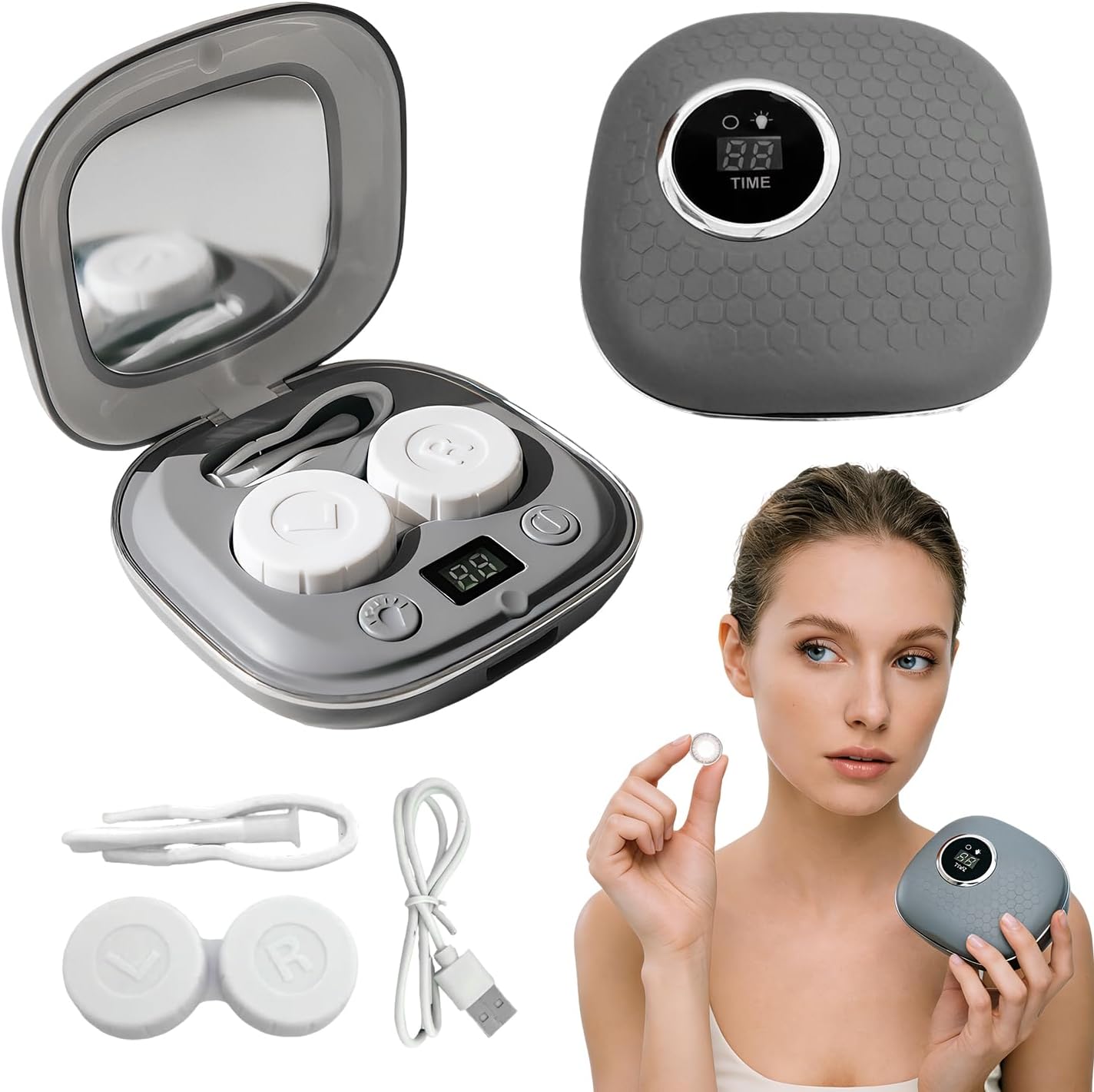 Ultrasonic Contact Lens Cleaner 50KHz with Light, Rechargeable Contact Lens Cleaner Machine with 4 Timing Modes, Portable Contact Lens Care Tools Home Travel