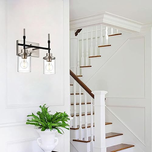 Miniatura 4 de MELUCEE Accesorios de iluminación de baño sobre el espejo, aplique de pared de 2 luces, luz negra y acabado de níquel cepillado con pantalla de